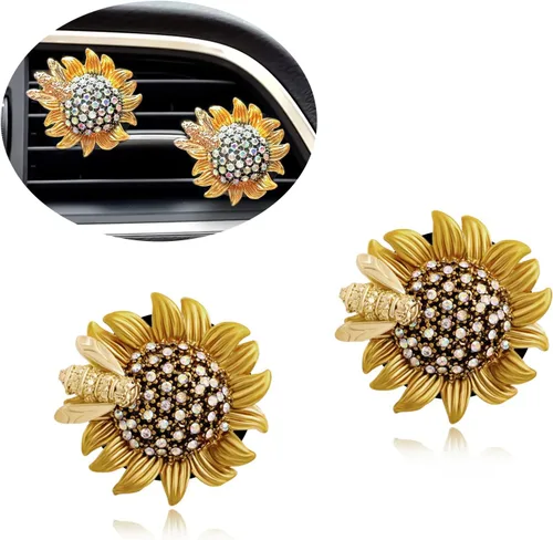 ORIESSE Accesorios para auto con girasol, clips móviles de abeja y flor para ambientador de aire del coche, decoraciones brillantes para ventilación