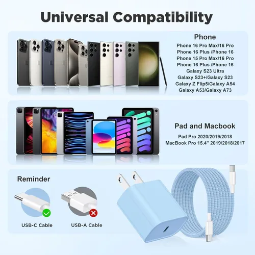Miniatura 6 de 20W USB C Fast Charging for iPhone 17 Air/16/15 Pro Max,3Pack Colorful Mixed Charger Block with Braided Long USB C to C Cables (6/6ft) Compatible