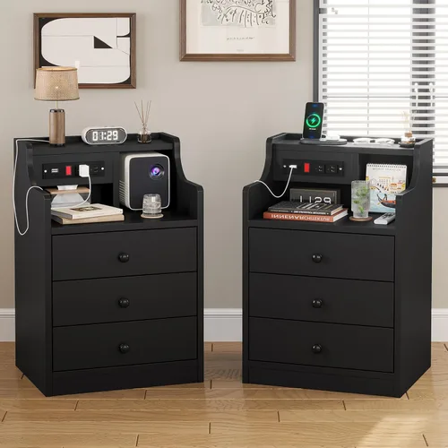 Miniatura 12 de ADORNEVE - Mesita de noche con estación de carga, mesita negra para dormitorio, mesa auxiliar con aparador y cajones de almacenamiento