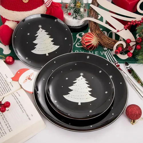 Miniatura 6 de WDF 50 platos de Navidad de plástico, platos negros y plateados con árbol de Navidad, incluyen 25 platos llanos, 25 platos de ensalada, platos