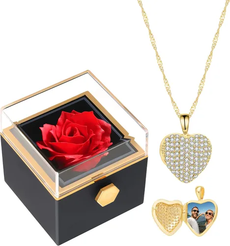 MAARRING Collares con medallón de corazón chapado en oro de 14 quilates para sostener fotos, rosa preservada encantada eterna con collar y colgante