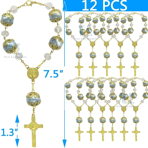Miniatura 4 de Rosario de la década de la década de perlas de imitación azul, 12 unidades, para bautizo/bautizo/boda/recuerdos de membrillo mis / bautizo