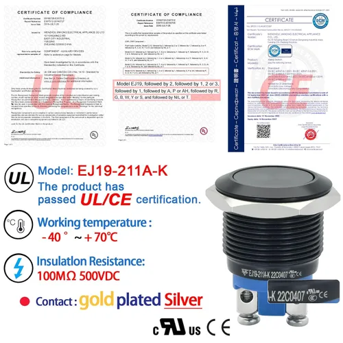Miniatura 2 de 2 piezas de interruptor de botón de presión de 19 mm, negro, momentáneo, impermeable IP67, metal, plano, redondo, 3/4 pulgadas, 12 V, 24 V, 36 V