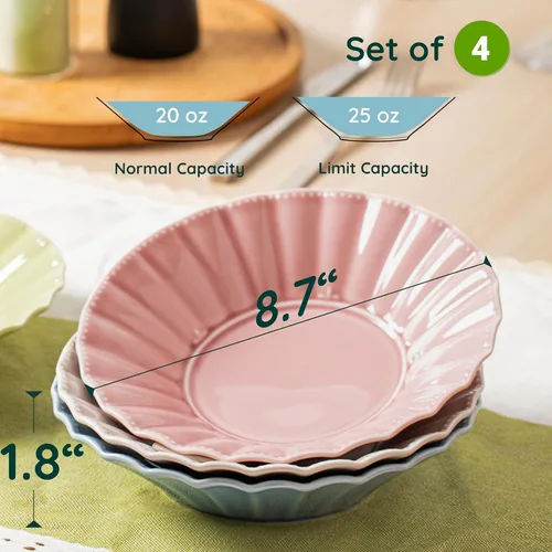Miniatura 2 de HOMBENE - Juego de 4 cuencos de cerámica para pasta, de 25 onzas, estilo ondulado, ensaladas, sopa, pasta, fideos, cena, aptos para microondas