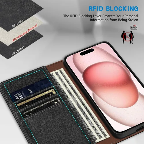 Miniatura 3 de ZZXX Funda tipo cartera para iPhone 15 con bloqueo RFID, soporte de ranura para tarjetas, funda protectora de cuero magnético fuerte plegable