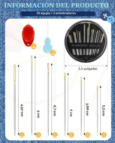 Miniatura 2 de FIVEIZERO Juego de 30 Agujas de Acero para Costura a Mano, Kit de 6 Tamaños de Agujas de Ojo Grande para Bordado y Costura a Mano con Enhebradores