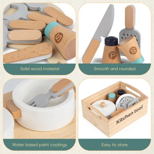 Miniatura 4 de 10 piezas de juguetes de cocina de madera, utensilios y accesorios, juego de ollas y sartenes de simulación, juguete de cocina Montessori para niños