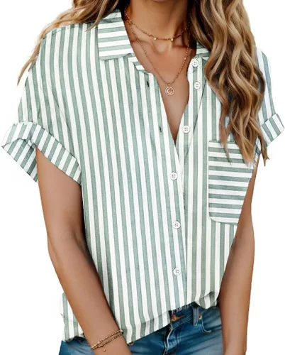 Miniatura 30 de HOTOUCH Camisas de Lino para Mujer con Botones Blusas de Manga Corta de Algodón Cuello en V con Cuello Tops de Gasa con Botones S-3XL
