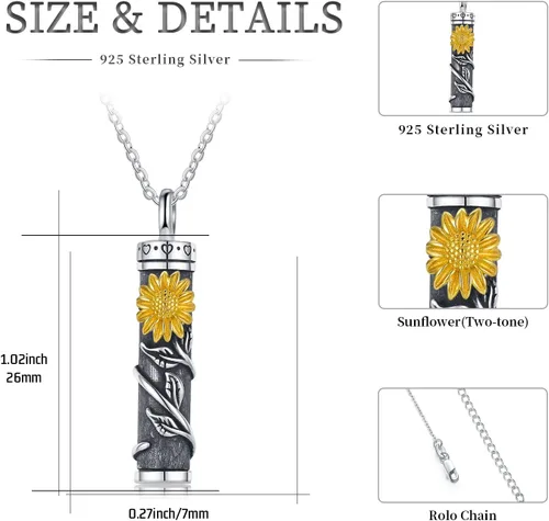 Miniatura 6 de Joyería de cremación de plata esterlina, diseño de girasol, rosa, margarita, urna para cenizas, joyería de recuerdo conmemorativo para mujeres