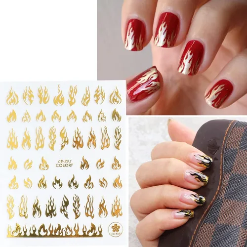 Miniatura 4 de 10 hojas de calcomanías de arte de uñas, calcomanías de arte de uñas doradas y negras, diseño de llama, calcomanías de uñas autoadhesivas 3D
