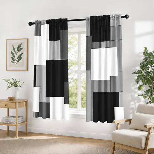 Miniatura 7 de Cortinas negras y rojas para sala de estar, 63 pulgadas de largo, cortinas geométricas modernas, blancas y grises, cortinas abstractas con bolsillo