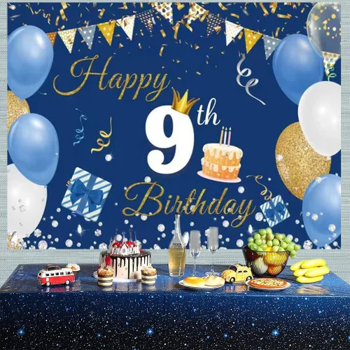 Miniatura 3 de Decoraciones de 9º cumpleaños para niños y niñas, cartel de telón de fondo de feliz cumpleaños 9 años, cartel de tela con texto en inglés "Happy 9