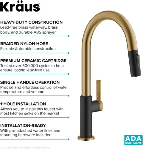 Miniatura 10 de Kraus Oletto - Grifos de cocina de arco alto con un solo mango extraíble, en latón cepillado/negro mate, grifos de cocina con rociador extraíble