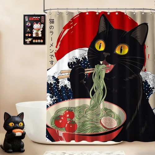 Miniatura 26 de Cortina de ducha estrecha con diseño de gato negro y animé japonés para casa rodante, juegos de decoración de baño, tela impermeable con ganchos, 36