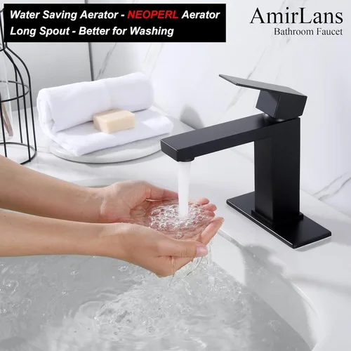 Miniatura 4 de Grifo negro para baño, grifo de baño negro mate de acero inoxidable con un solo orificio con drenaje emergente, grifo de una sola manija AML-1141-BK