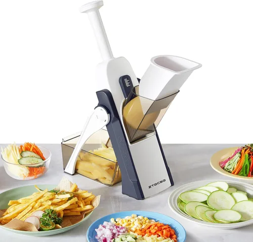 Miniatura 8 de [5 en 1] Cortadora de mandolina para cocina y picadora de verduras segura y rebanadora de mandolina ajustable, no se puede quitar, la mandolina Azul
