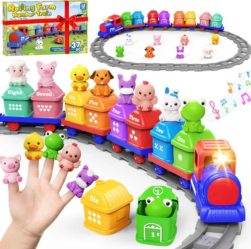 Juguetes de aprendizaje para niños de 1, 2, 3 años, juego de tren de granja eléctrico para niñas de 2 a 4 años, juguete de tren Montessori para Azul