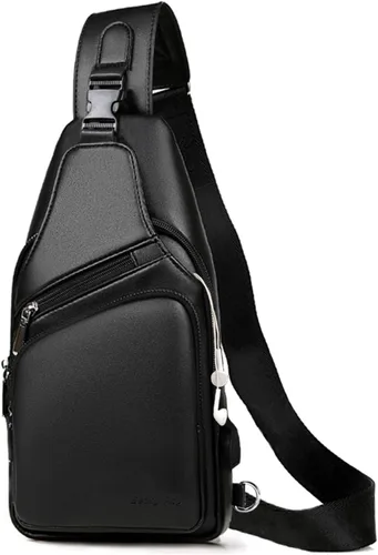 Bolso bandolera de cuero para hombre, impermeable, bandolera con puerto de carga USB, bolsa de hombro, Negro, talla única, Mochilas Sling