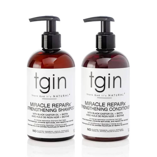 tgin Miracle RepaiRx Champú y acondicionador fortalecedor para cabello rizado, rizado y ondulado, con biotina y aceite de ricino negro, repara y