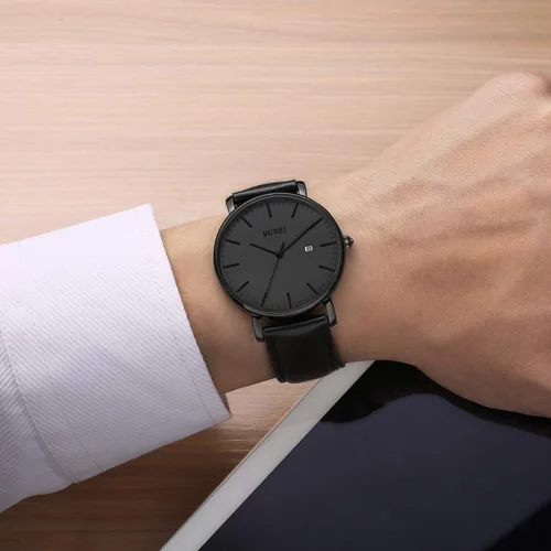 Miniatura 3 de BUREI Reloj de pulsera analógico de cuarzo ultra fino con fecha, calendario, correa de piel para hombres y mujeres