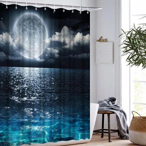Miniatura 3 de Cortina de ducha de tela impermeable con luna llena sobre paisaje oceánico, para decoración de baño, juego con ganchos, 72 x 72 pulgadas
