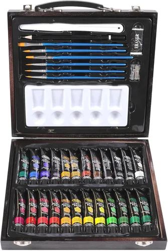 Miniatura 2 de RoseArt Juego de pintura acrílica prémium de 36 quilates en estuche de madera, juego completo de acrílico para lienzo, madera, cerámica y telas
