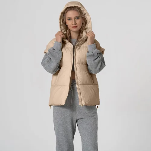 Miniatura 37 de Shiyifa Chaleco acolchado para mujer, chaqueta de gran tamaño, sin mangas, ligera, con cremallera, con capucha desmontable