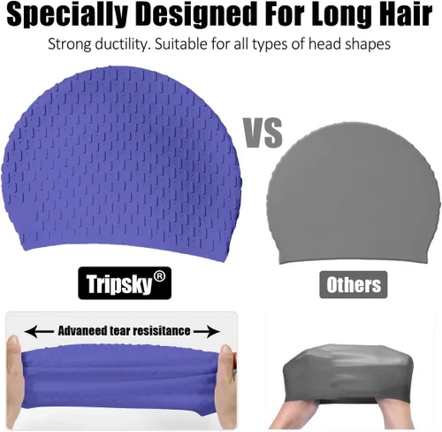 Miniatura 4 de Tripsky Gorro de natación de silicona, gorro de baño cómodo ideal para cabello rizado corto, mediano y largo, gorro de natación para mujeres y Very