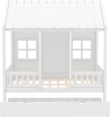 Miniatura 6 de Harper & Bright Designs Cama matrimonial con nido de tamaño individual, cama de madera de tamaño matrimonial con techo, ventanas y valla, marco