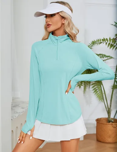 Miniatura 2 de LOMON Camisas de manga larga para mujer, protección solar, cremallera de 14, de verano, de secado rápido, para senderismo, con cremallera de un