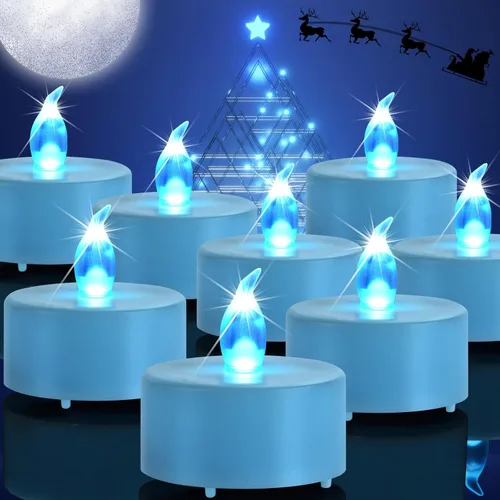 Velas votivas parpadeantes LED sin llama, funcionan con pilas, 200 horas, paquete de 100 unidades, realistas y brillantes para decoración de Azul