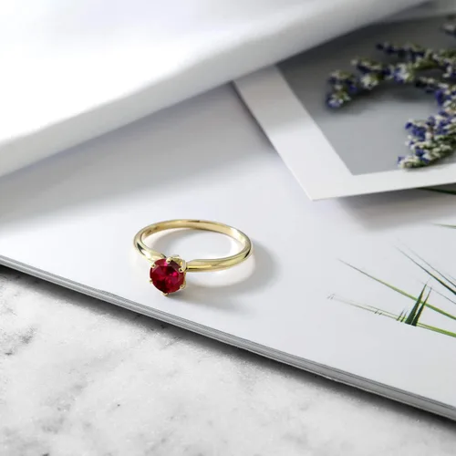 Miniatura 5 de Anillo de compromiso solitario con piedra preciosa redonda de oro amarillo de 14 quilates de 0.236 in para mujer Ajuste clásico de 6 puntas
