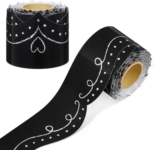 Eaasty Tablero de anuncios negro de 69 pies, borde festoneado para aula, borde festoneado, borde de tiza, borde festoneado, bordes festoneados, para