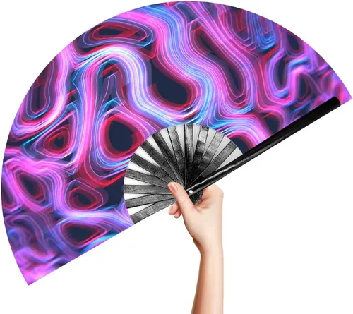 Miniatura 13 de OMyTea Ventilador de mano plegable grande Rave Clack para hombres y mujeres, ventilador de mano de bambú chino japonés - para EDM, festival de Aurora