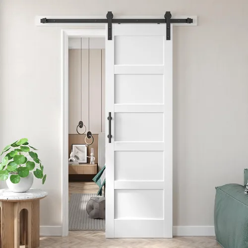 Miniatura 20 de Fredbeck Puerta de granero blanca de 30 x 84 pulgadas con kit de herrajes para puerta corredera de 5.5 pies incluido y asa, sólida, MDF, superficie
