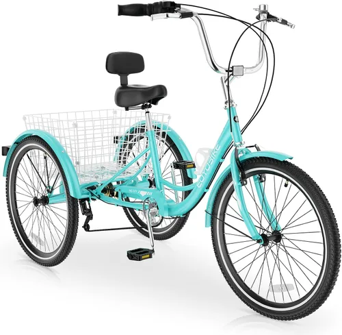 Miniatura 11 de MOPHOTO Triciclo para adultos de 7 velocidades, 20/24/26 pulgadas, triciclo para adultos con canasta trasera grande, 350 libras de capacidad