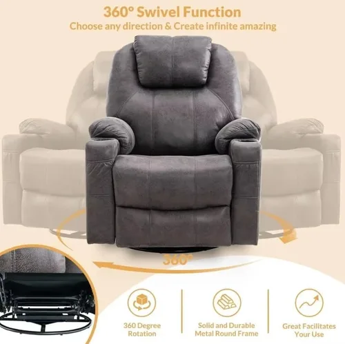 Miniatura 5 de Silla reclinable de masaje para adultos, silla reclinable eléctrica para ancianos, silla reclinable giratoria de 360° con bolsillos, portavasos