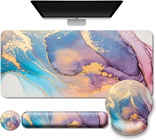 Miniatura 15 de Alfombrilla para mouse + alfombrilla de escritorio + reposamuñecas para teclado + posavasos 4 en 1, bonita alfombrilla de mouse ergonómica grande