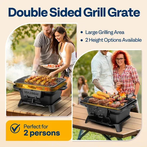 Miniatura 4 de VIVOHOME Parrilla de carbón rectangular de hierro fundido con rejilla de doble cara, parrilla de barbacoa portátil al aire libre, estufa de mesa