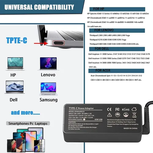 Miniatura 4 de LJO-EEIH Cargador USB C de 65 W para laptop compatible con Lenovo Chromebook 100e 300e C330 ThinkPad T480 T480s T580 T580s Yoga C930 C940 C740 S730