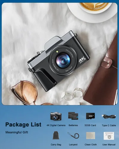 Miniatura 7 de Cámara digital 4K para fotografía, WiFi de 64 megapíxeles con enfoque automático para videoblogs en YouTube, pantalla giratoria de 3" y 180°, zoom