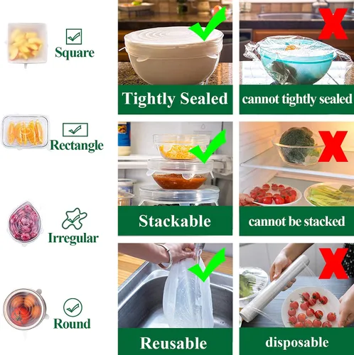 Miniatura 6 de Tapas elásticas de silicona, paquete de 12 tapas de silicona reutilizables para almacenamiento de alimentos, cubiertas de silicona sin BPA