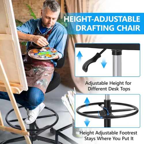 Miniatura 4 de Primy Silla Alta de Escritorio de Dibujo - Sin Brazos, Altura Ajustable, Respaldo de Malla, con Ruedas, Silla de Escritorio de Pie para Sala de Negro