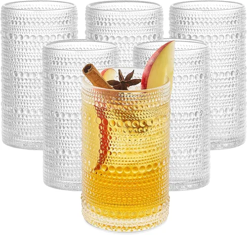 Juego de 6 vasos de 12 onzas con borde en relieve - Juego de vasos multiusos transparentes, juego de vasos decorativos para bar, cocina, vasos para