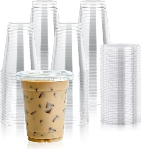 Miniatura 10 de Lilymicky 200 juegos de vasos de plástico transparente de 10 onzas con tapas planas, vasos desechables de 10 onzas para batidos, Slurpee o cualquier