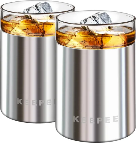 Juego de 2 vasos de whisky, vaso aislado con inserto de vidrio extraíble, vaso de cóctel aislado, balón bajo antiguo para margaritas, bourbon,