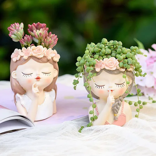 Miniatura 8 de Maceta pequeña con cabeza de hada, bonitas macetas para suculentas, maceta de cara de niña, mini macetas de resina con orificio de drenaje, jarrón