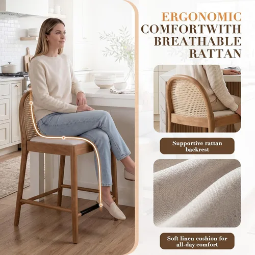 Miniatura 4 de DUOMAY Juego de 2 taburetes de mostrador modernos de ratán beige, 26 pulgadas de altura - Taburetes de bar de madera tapizados en lino con respaldo