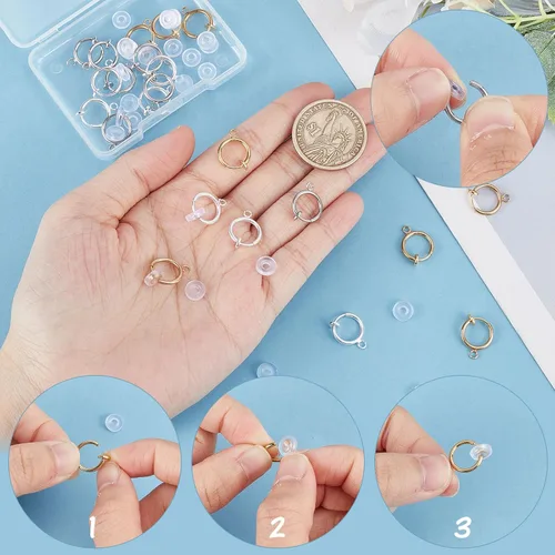 Miniatura 3 de SUNNYCLUE 1 caja de 30 convertidores de aretes de latón, ganchos para abrazar con bucles abiertos, almohadillas para aretes, clips para hacer joyas