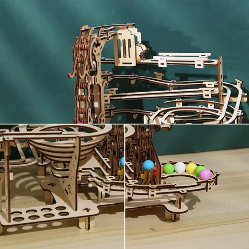 Miniatura 2 de Kit de carrera de mármol de madera, rompecabezas 3D, bolas de colores de madera, polipasto escalonado con mecanismo de elevación de 3 escalones